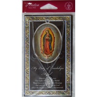 Our Lady Guadalupe Pewter Medal, 19 x 13mm Oval, Stainless Steel Chain & Biography