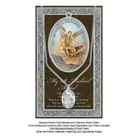 Pewter Saint Michael Medal Pendant, 15 x 24mm Oval, Stainless Steel Chain &amp; Biography