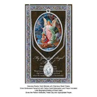 Guardian Angel Pewter Medal, 17 x 24mm Oval Pendant, Stainless Steel Chain &amp; Biography