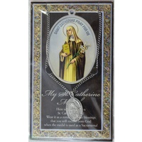 Pewter Saint Catherine Medal, 17 x 24mm Oval Pendant, Stainless Steel Chain & Biography