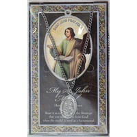 Pewter Saint John Medal Pendant, 17 x 24mm Oval, Stainless Steel Chain &amp; Biography
