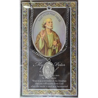 Pewter Saint Peter Medal Pendant, 17 x 24mm Oval, Stainless Steel Chain &amp; Biography