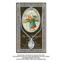 Pewter Saint CHRISTOPHER Medal Pendant, 15 x 24mm Oval, Stainless Steel Chain &amp; Biography