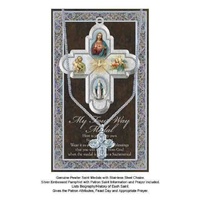 My Four Way Pewter Saint Medal 25 x 22mm, Stainless Steel Chain, Biography Card