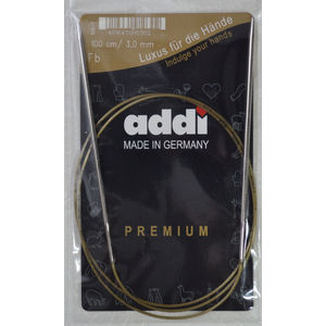 Addi Circular Knitting Needle 100cm x 3.00mm, Smooth White Brass Tips, Gold Cords