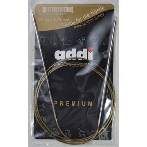 Addi Circular Knitting Needle 120cm x 2.75mm, Smooth White Brass Tips, Gold Cords