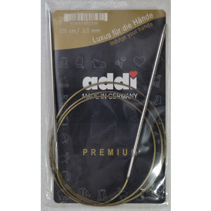 Addi Circular Knitting Needle 120cm x 3.00mm, Smooth White Brass Tips, Gold Cords