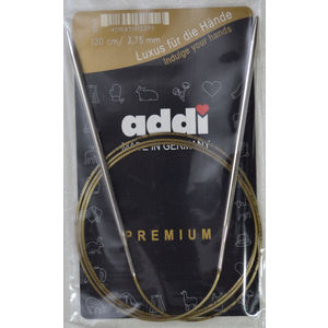 Addi Circular Knitting Needle 120cm x 3.75mm, Smooth White Brass Tips, Gold Cords