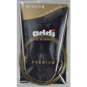 Addi Circular Knitting Needle 120cm x 5.50mm, Smooth White Brass Tips, Gold Cords