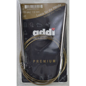 Addi Circular Knitting Needle 120cm x 7.00mm, Smooth White Brass Tips, Gold Cords