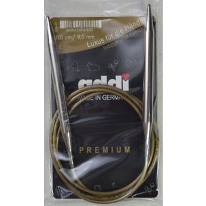 Addi Circular Knitting Needle 120cm x 9.00mm, Smooth White Brass Tips, Gold Cords