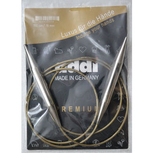 Addi Circular Knitting Needle 150cm x 15mm, Smooth White Brass Tips, Gold Cords