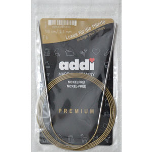 Addi Circular Knitting Needle 150cm x 2.50mm, Smooth White Brass Tips, Gold Cords