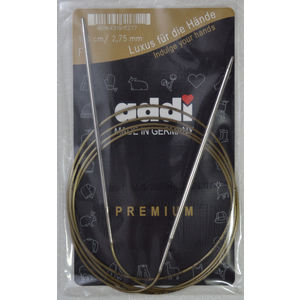 Addi Circular Knitting Needle 150cm x 2.75mm, Smooth White Brass Tips, Gold Cords
