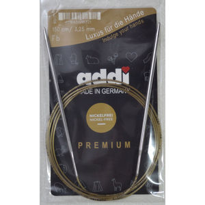 Addi Circular Knitting Needle 150cm x 3.25mm, Smooth White Brass Tips, Gold Cords