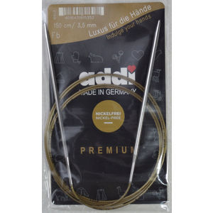 Addi Circular Knitting Needle 150cm x 3.50mm, Smooth White Brass Tips, Gold Cords