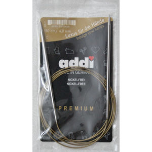 Addi Circular Knitting Needle 150cm x 4.00mm, Smooth White Brass Tips, Gold Cords