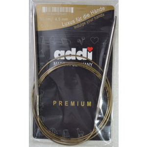 Addi Circular Knitting Needle 150cm x 4.50mm, Smooth White Brass Tips, Gold Cords