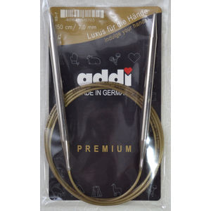 Addi Circular Knitting Needle 150cm x 7.00mm, Smooth White Brass Tips, Gold Cords