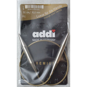Addi Circular Knitting Needle 50cm x 10mm White Brass Tips, Gold Cords