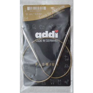 Addi Circular Knitting Needle 50cm x 5.50mm White Brass Tips, Gold Cords