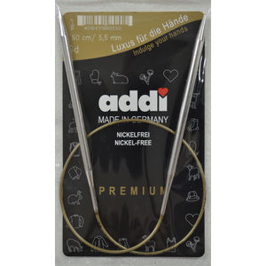 Addi Circular Knitting Needle 60cm x 5.50mm, Smooth White Brass Tips, Gold Cords