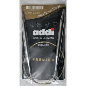 Addi Circular Knitting Needle 60cm x 9.00mm, Smooth White Brass Tips, Gold Cords