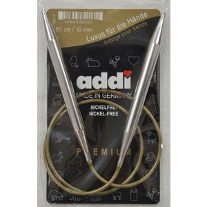 Addi Circular Knitting Needle 80cm x 10mm, Smooth White Brass Tips, Gold Cords