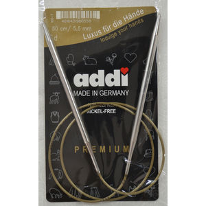 Addi Circular Knitting Needle 80cm x 5.50mm, Smooth White Brass Tips, Gold Cords