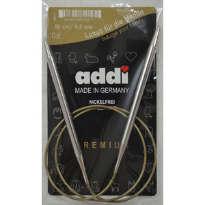 Addi Circular Knitting Needle 80cm x 6.50mm, Smooth White Brass Tips, Gold Cords