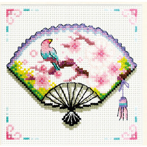 No Count Cross Stitch Kit Cherry Blossom Fan 12 x 12cm, Needleart World