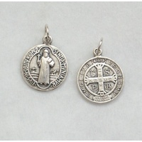 Saint Benedict Round Medal Pendant, 18mm Silver Oxide, Made In Italy Quality