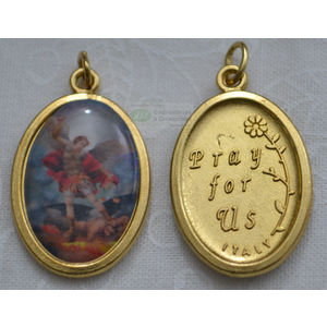 Saint Michael Coloured Picture Medal Pendant, 20mm x 15mm Gold Tone, Made In Italy