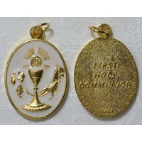 Communion Medal, Gold Tone, White Enamelled, 21mm x 28mm Oval