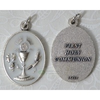 Communion Medal Pendant, Silver Tone, White Enamelled, Medal is 21mm x 28mm
