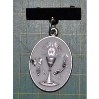 Communion Medal With Bar, Silver Tone, White Enamelled, 21mm x 28mm