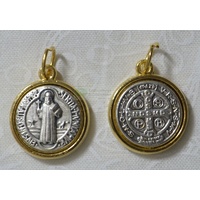 St Benedict 2 Tone Medal Pendant 14mm, Made in Italy