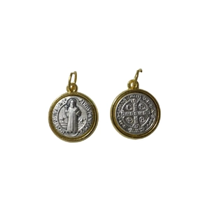 St Benedict 2 Tone Medal Pendant 14mm, Made in Italy