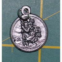 St Christopher Round, Medal Pendant, Silver Tone, 19mm Diameter, Silver Oxide