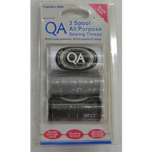 QA Thread 3 Spool x 500m All Purpose Sewing Thread BLACK, WHITE, GREY