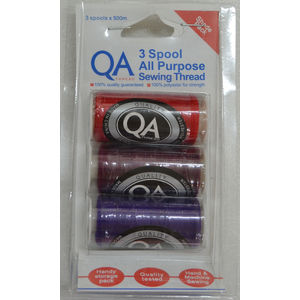 QA Thread 3 Spool x 500m Pack of All Purpose Sewing Thread RED, BURGUNDY, PURPLE
