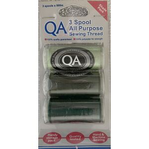 QA Thread 3 Spool x 500m Pack of All Purpose Sewing Thread GREENS