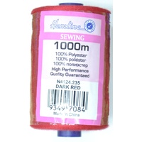 Hemline 100% Polyester Sewing &amp; Overlocking Thread 1000m Spool, DARK RED