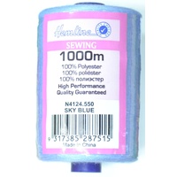 Hemline 100% Polyester Sewing &amp; Overlocking Thread 1000m Spool, SKY BLUE