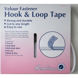 Hemline Hook &amp; Loop Tape, SEW IN Velour Fastener, 25mm WHITE, Per Metre