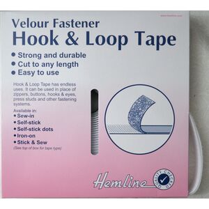 Hemline Hook & Loop Tape, SEW IN Velour Fastener, 25mm WHITE, Per Metre