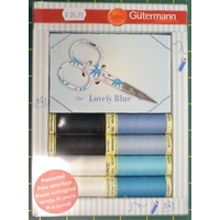 Gutermann Lovely Blue Pack, 8 Polyester Sew All Thread + Embroidery Scissors
