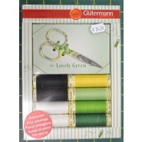 Gutermann Lovely Green Pack, 8 Polyester Sew All Thread + Green Embroidery Scissors