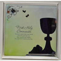 Silver Silhouette Plaque, FIRST HOLY COMMUNION, 150 x 150mm, Stand or Hang, Mirrored Giftware