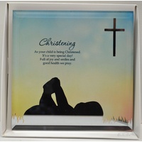 Silver Silhouette Plaque, Christening, 150 x 150mm, Stand or Hang, Mirrored Giftware